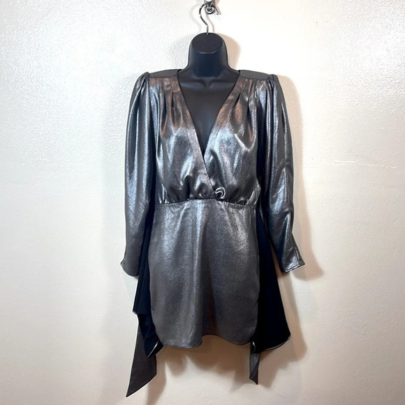 L'Academie The Dore Silver Front Tie Long Sleeve Mini Dress size small - Picture 7 of 16